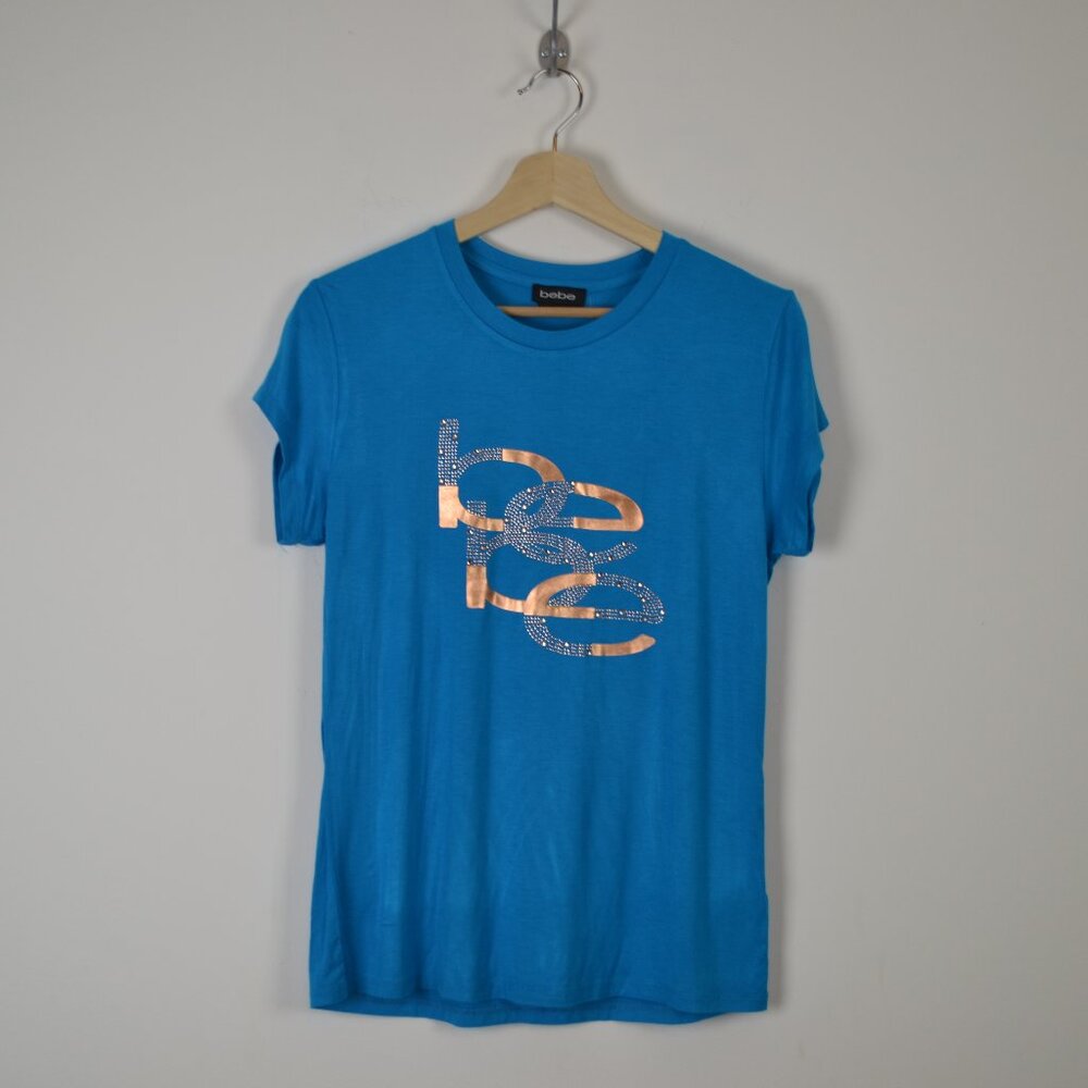 Bebe Womens L Logo Short Sleeve Pullover Stretch Blue Gold Bling Lightweight Top